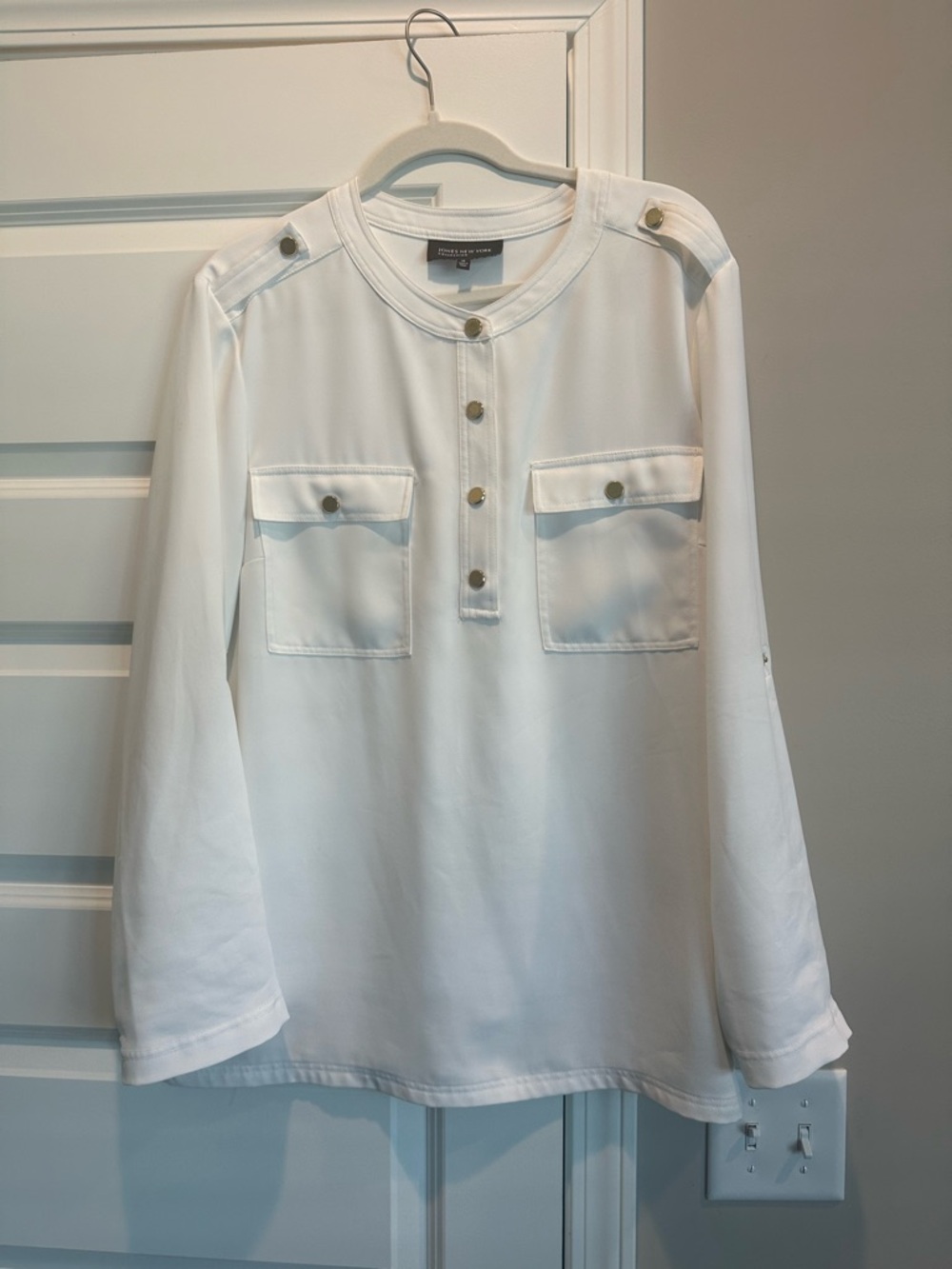 Jones New York Signature White Blouse with Gold Buttons